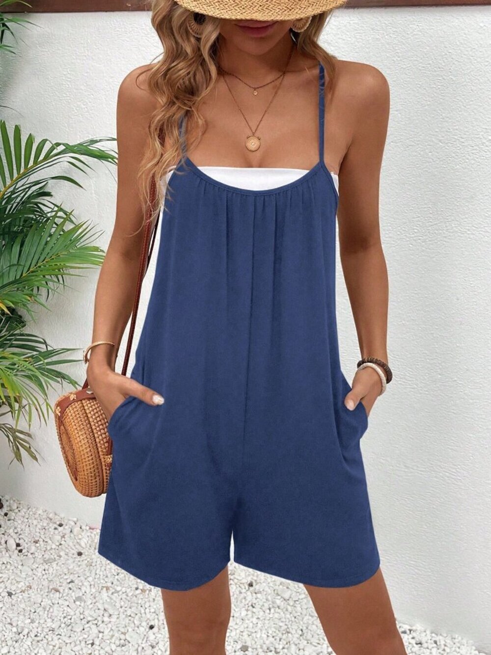 Blue Casual Women's Spaghetti Strap Romper Short Jumpsuit